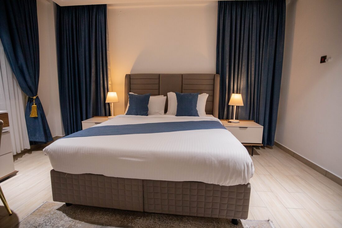 Bedroom with navy accents