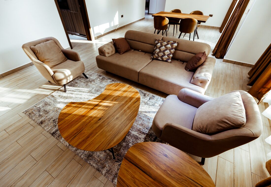 Spacious lounge with wood accents
